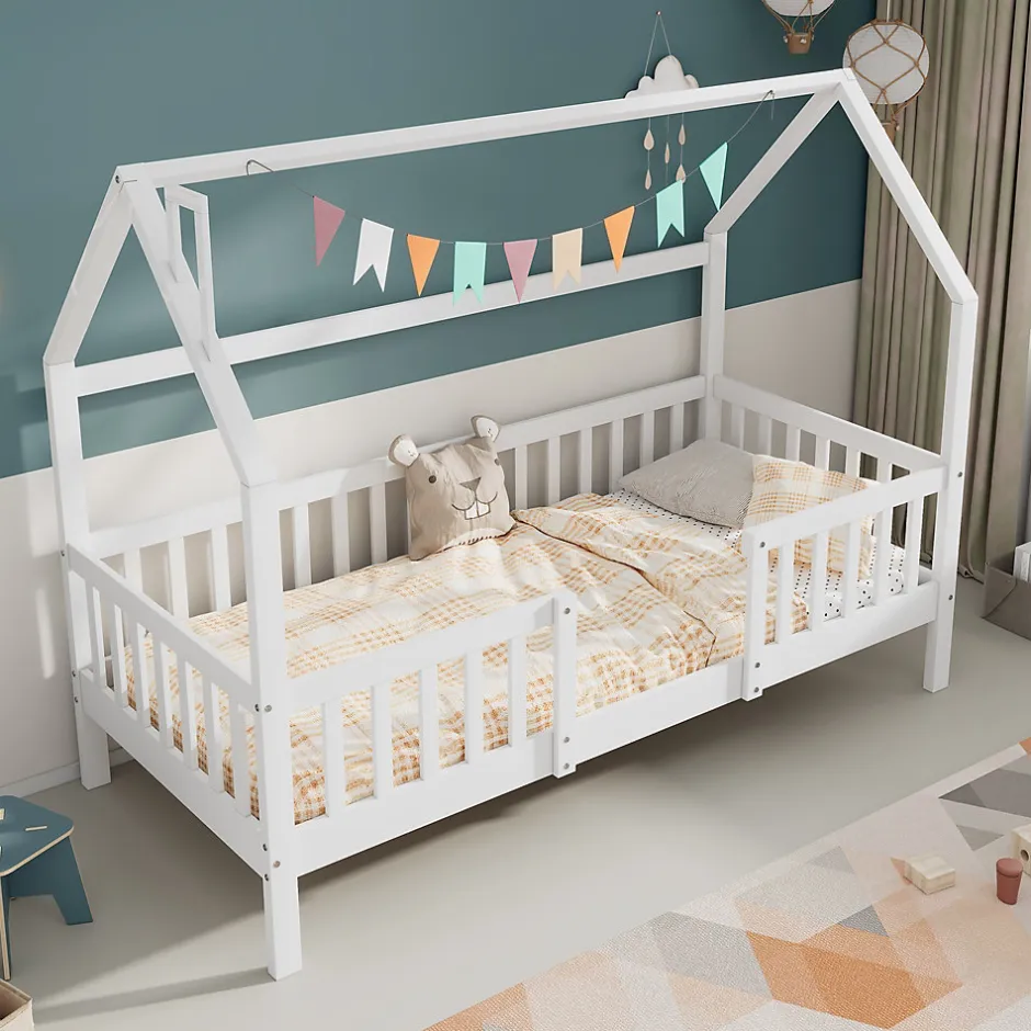 Enfant Okwish Lit Enfant 90x200 cm - Lit Simple Design Cheminée pour Petit Espace - Sans Matelas - Bois de Pin Blanc