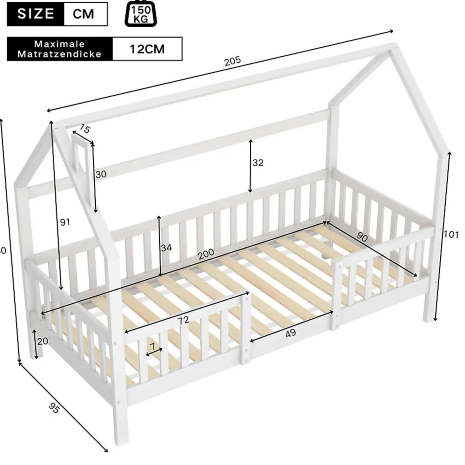 Enfant Okwish Lit Enfant 90x200 cm - Lit Simple Design Cheminée pour Petit Espace - Sans Matelas - Bois de Pin Blanc