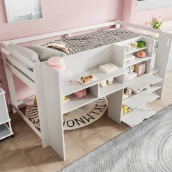Enfant Okwish Lit enfant 90x200 cm - Lit simple Mi-Hauteur avec Cabane et Multiples Espaces de Rangement Pratiques - Bois Pin MDF - Blanc