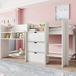 Enfant Okwish Lit enfant 90x200 cm - Lit simple Mi-Hauteur avec Cabane et Multiples Espaces de Rangement Pratiques - Bois Pin MDF - Blanc