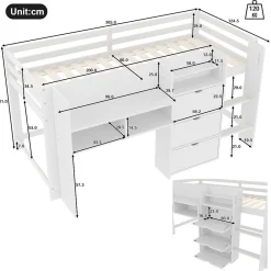 Enfant Okwish Lit enfant 90x200 cm - Lit simple Mi-Hauteur avec Cabane et Multiples Espaces de Rangement Pratiques - Bois Pin MDF - Blanc