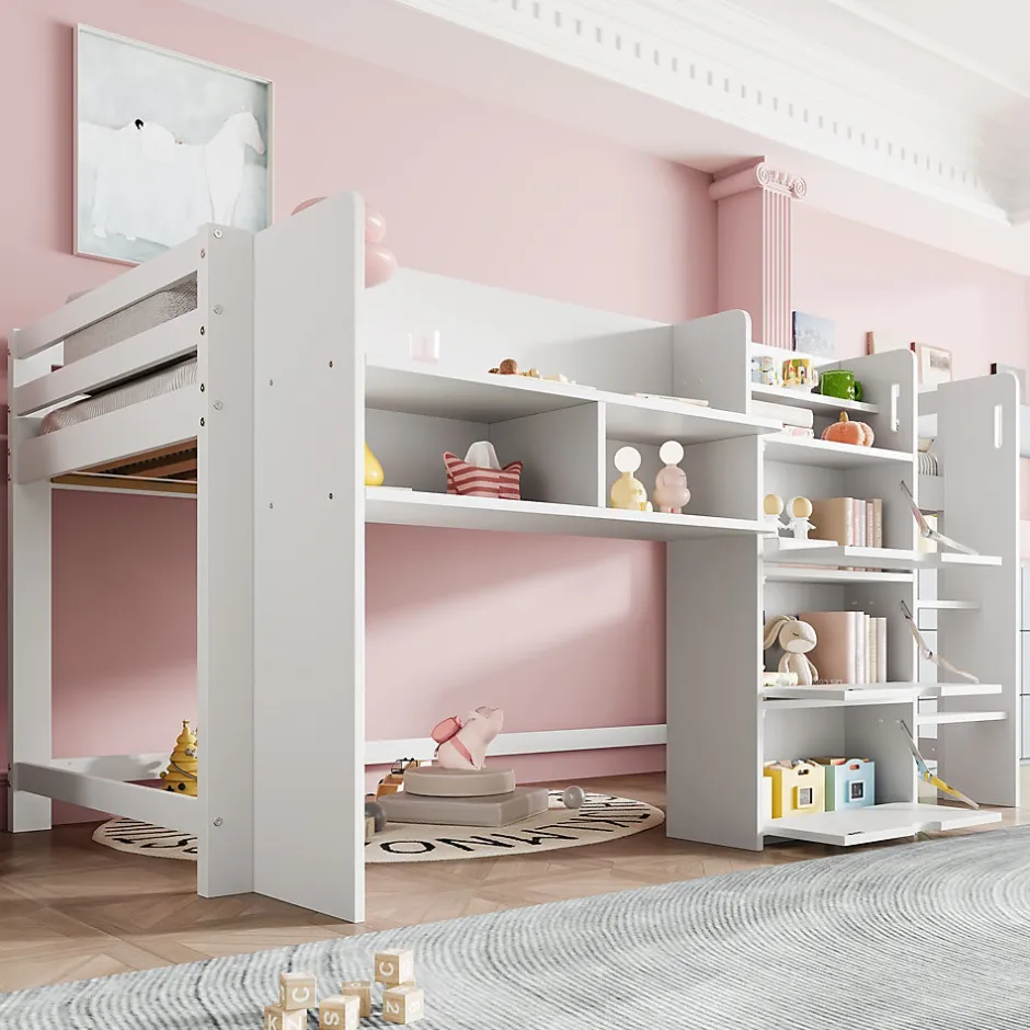 Enfant Okwish Lit enfant 90x200 cm - Lit simple Mi-Hauteur avec Cabane et Multiples Espaces de Rangement Pratiques - Bois Pin MDF - Blanc