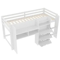 Enfant Okwish Lit enfant 90x200 cm - Lit simple Mi-Hauteur avec Cabane et Multiples Espaces de Rangement Pratiques - Bois Pin MDF - Blanc