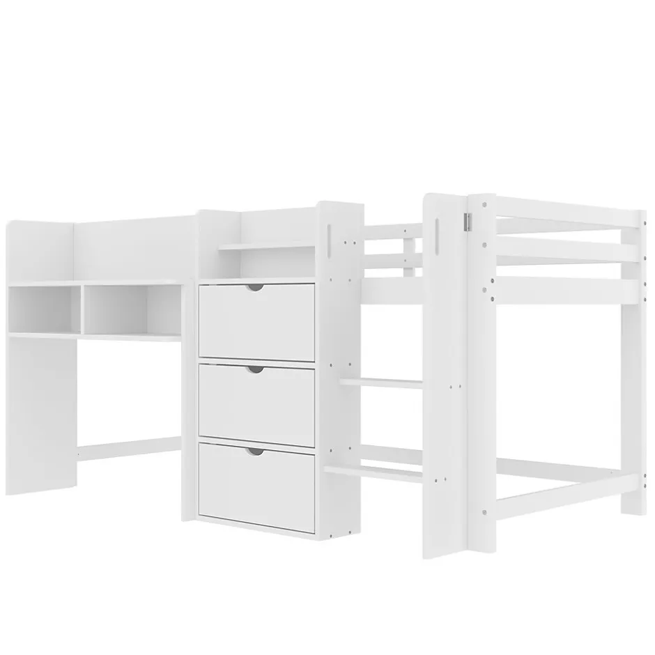 Enfant Okwish Lit enfant 90x200 cm - Lit simple Mi-Hauteur avec Cabane et Multiples Espaces de Rangement Pratiques - Bois Pin MDF - Blanc