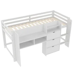 Enfant Okwish Lit enfant 90x200 cm - Lit simple Mi-Hauteur avec Cabane et Multiples Espaces de Rangement Pratiques - Bois Pin MDF - Blanc