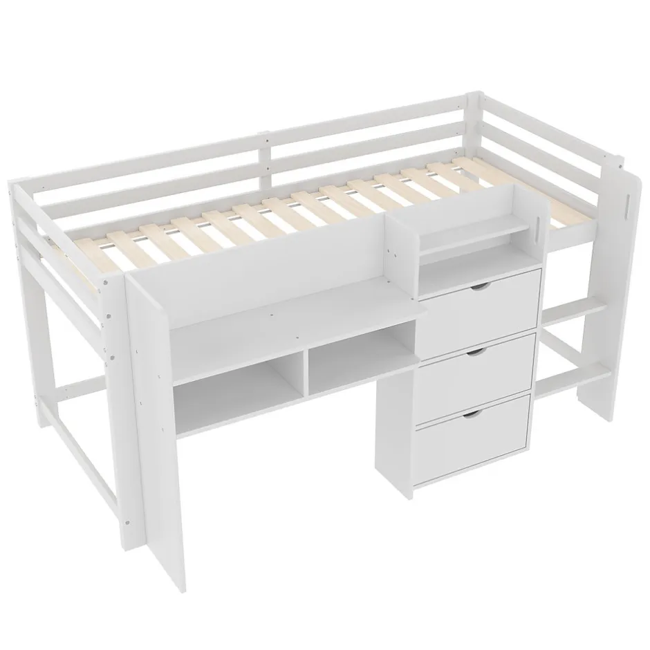 Enfant Okwish Lit enfant 90x200 cm - Lit simple Mi-Hauteur avec Cabane et Multiples Espaces de Rangement Pratiques - Bois Pin MDF - Blanc