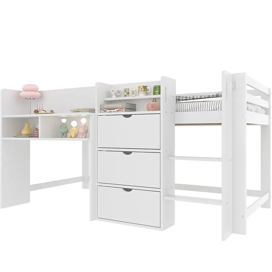 Enfant Okwish Lit enfant 90x200 cm - Lit simple Mi-Hauteur avec Cabane et Multiples Espaces de Rangement Pratiques - Bois Pin MDF - Blanc