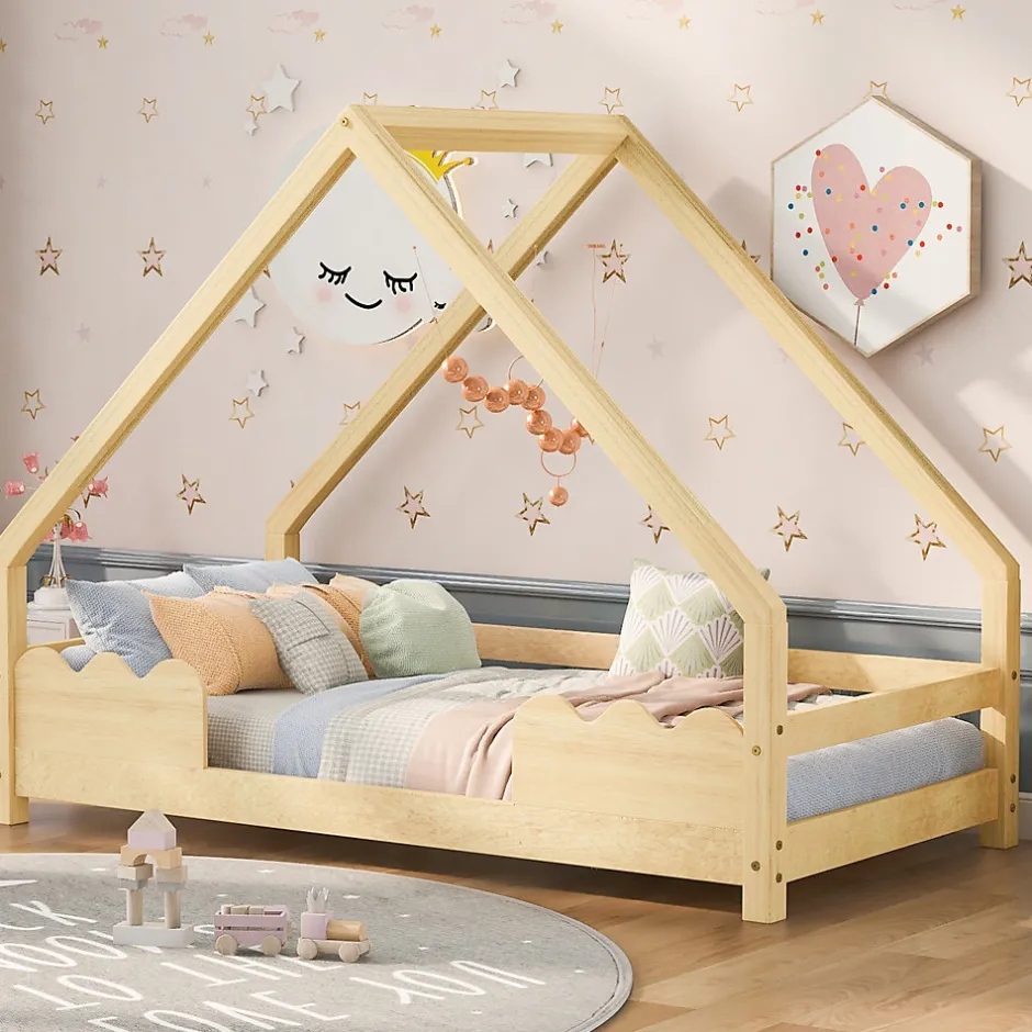 Enfant Okwish Lit Enfant 90x200 cm - Lit Simple Forme Maison avec Barrières de Sécurité - Sans Matelas - Bois Massif Naturel