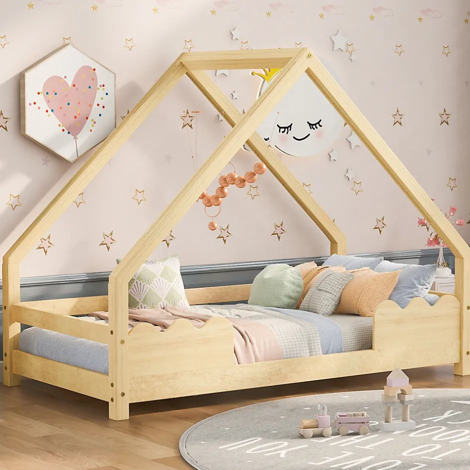 Enfant Okwish Lit Enfant 90x200 cm - Lit Simple Forme Maison avec Barrières de Sécurité - Sans Matelas - Bois Massif Naturel