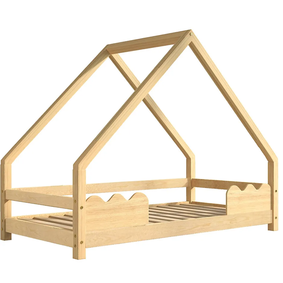 Enfant Okwish Lit Enfant 90x200 cm - Lit Simple Forme Maison avec Barrières de Sécurité - Sans Matelas - Bois Massif Naturel