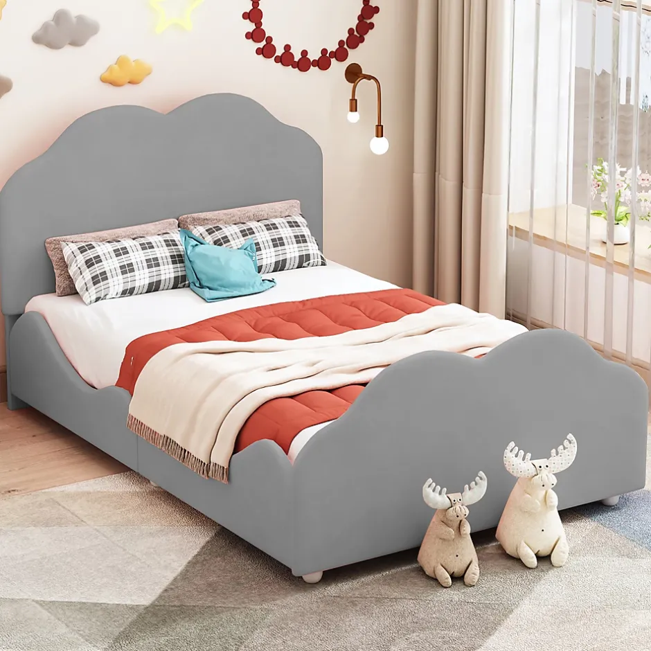 Okwish Lit enfant 90x200 cm - Lit Simple Capitonné avec Tête et Pied de Lit en Forme de Nuage, Velours Doux, Sans Matelas - Gris New