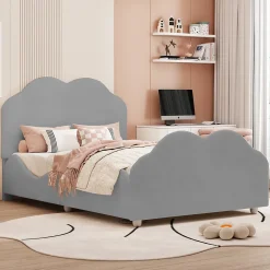 Okwish Lit enfant 90x200 cm - Lit Simple Capitonné avec Tête et Pied de Lit en Forme de Nuage, Velours Doux, Sans Matelas - Gris New