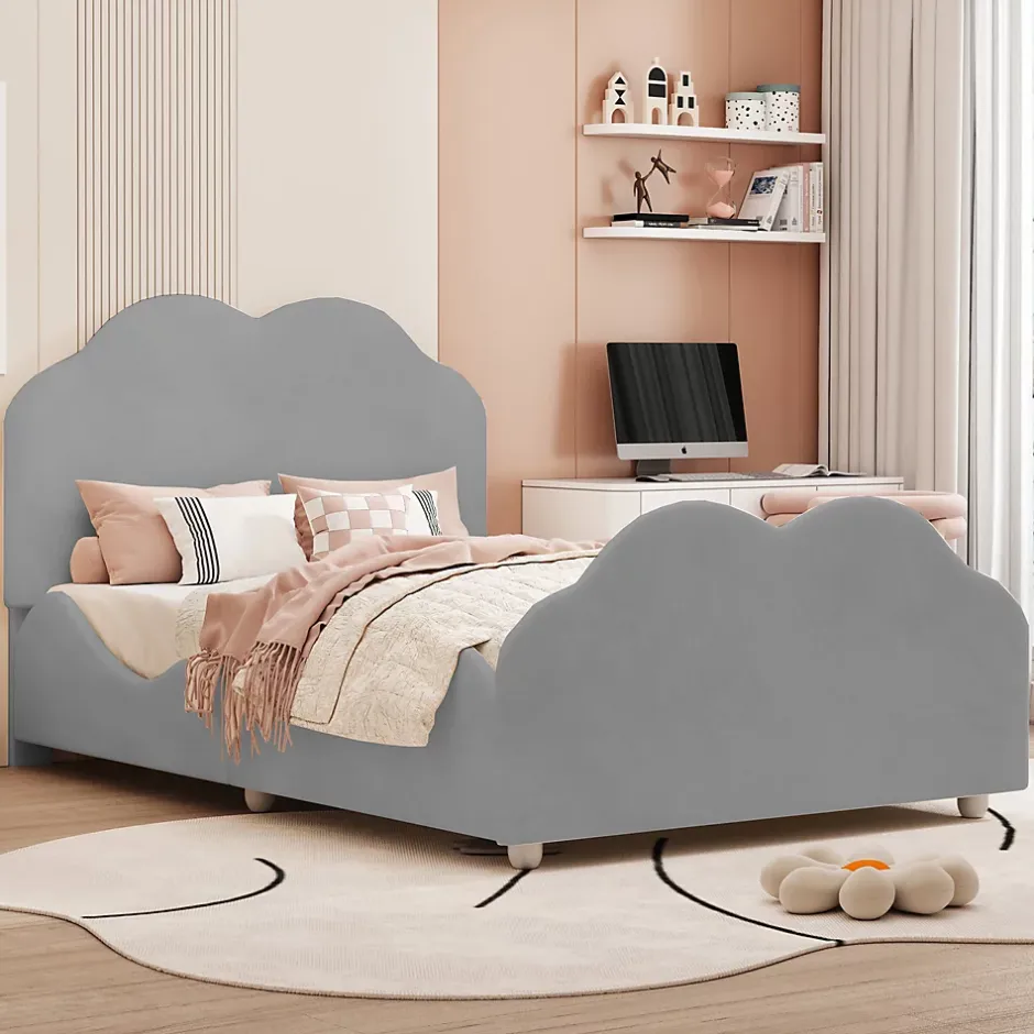 Okwish Lit enfant 90x200 cm - Lit Simple Capitonné avec Tête et Pied de Lit en Forme de Nuage, Velours Doux, Sans Matelas - Gris New
