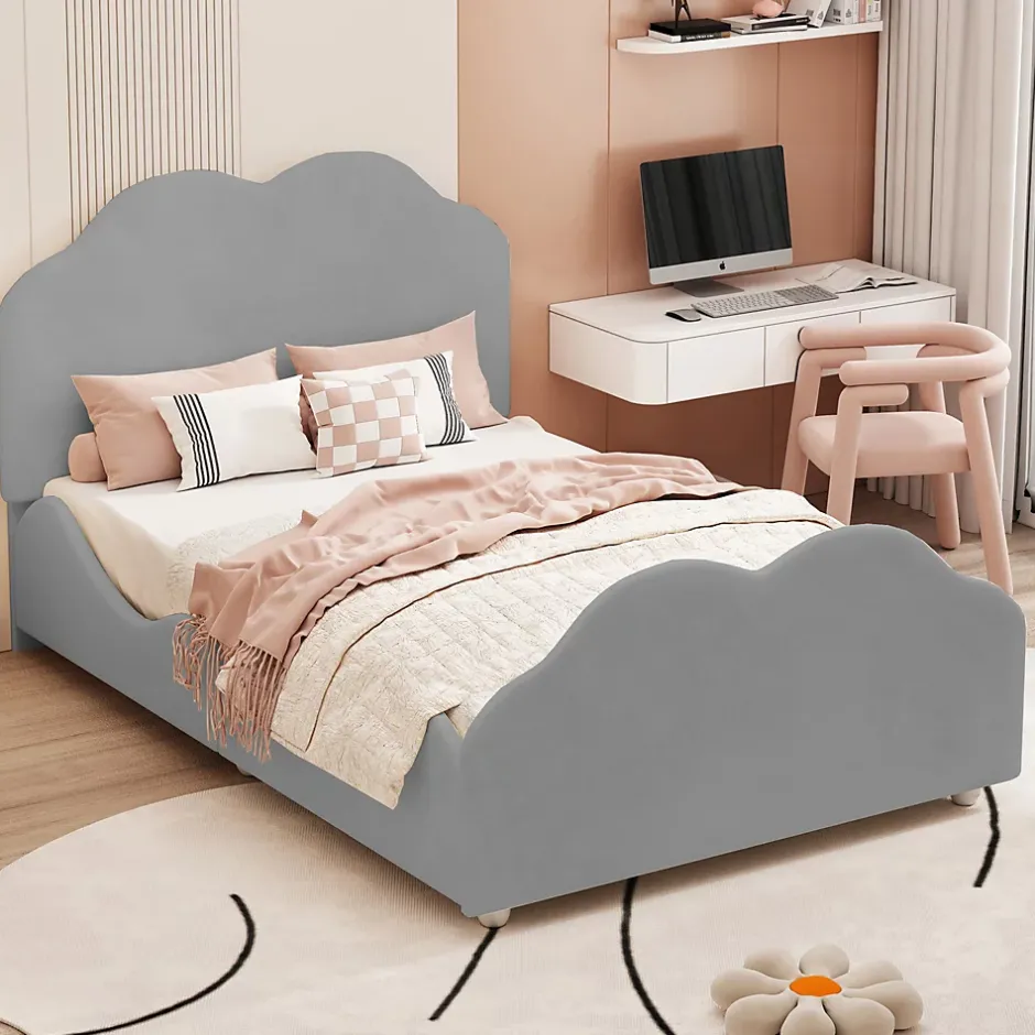 Okwish Lit enfant 90x200 cm - Lit Simple Capitonné avec Tête et Pied de Lit en Forme de Nuage, Velours Doux, Sans Matelas - Gris New