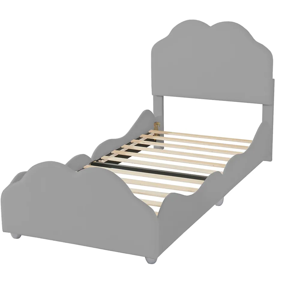 Okwish Lit enfant 90x200 cm - Lit Simple Capitonné avec Tête et Pied de Lit en Forme de Nuage, Velours Doux, Sans Matelas - Gris New