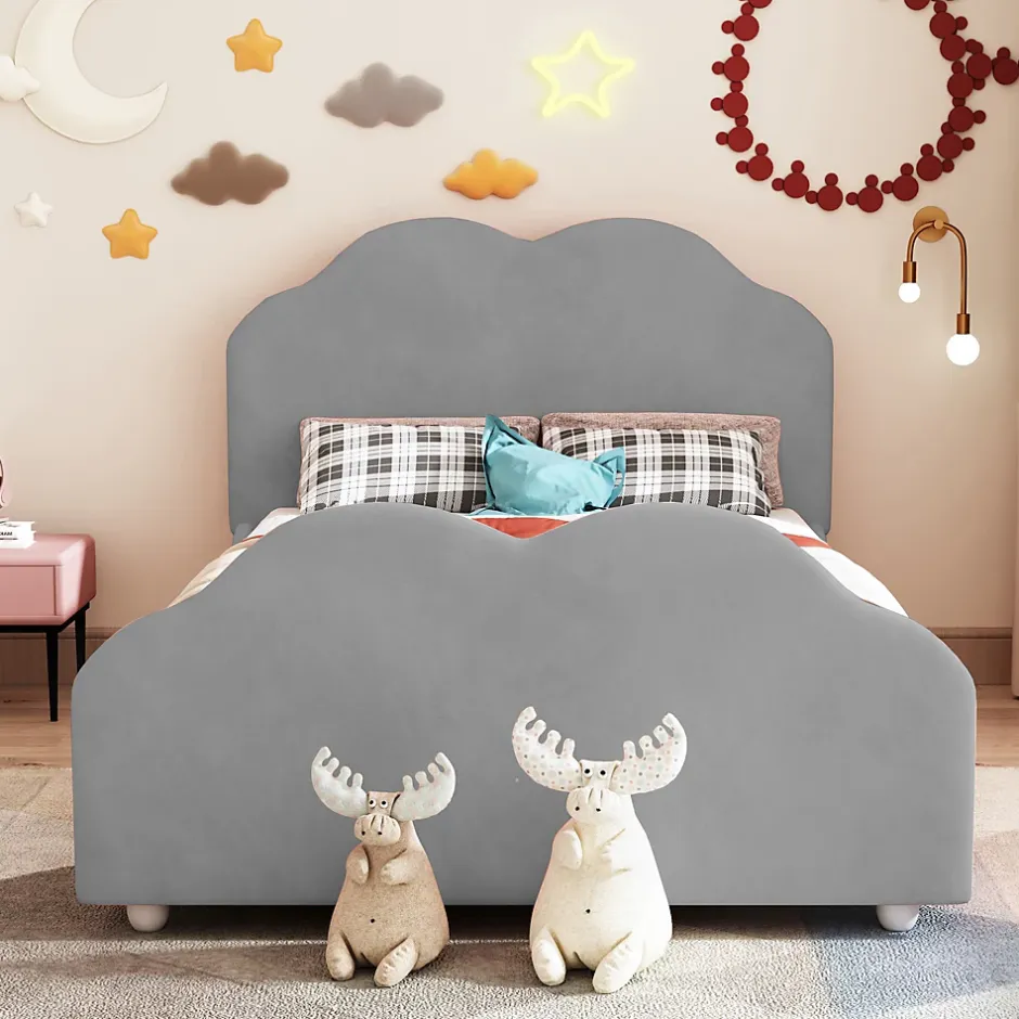 Okwish Lit enfant 90x200 cm - Lit Simple Capitonné avec Tête et Pied de Lit en Forme de Nuage, Velours Doux, Sans Matelas - Gris New