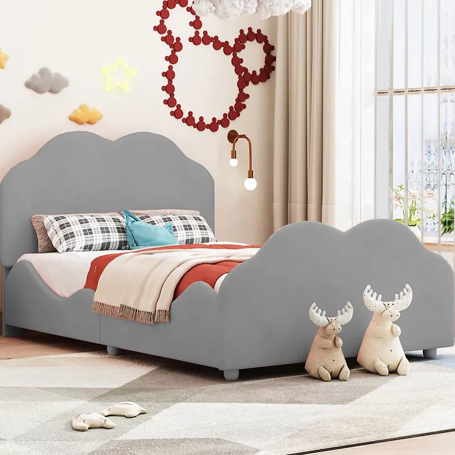 Okwish Lit enfant 90x200 cm - Lit Simple Capitonné avec Tête et Pied de Lit en Forme de Nuage, Velours Doux, Sans Matelas - Gris New