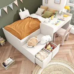 Enfant Okwish Lit enfant 90x200 cm - Lit simple avec bureau intégré et tiroirs de rangement - Bois massif, pin et MDF - Blanc - Sans matelas