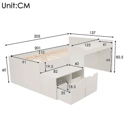 Enfant Okwish Lit enfant 90x200 cm - Lit simple avec bureau intégré et tiroirs de rangement - Bois massif, pin et MDF - Blanc - Sans matelas