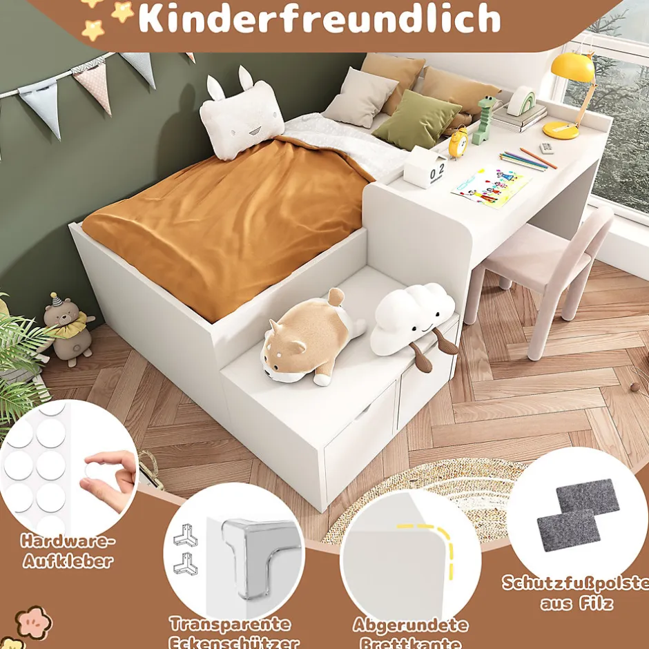 Enfant Okwish Lit enfant 90x200 cm - Lit simple avec bureau intégré et tiroirs de rangement - Bois massif, pin et MDF - Blanc - Sans matelas