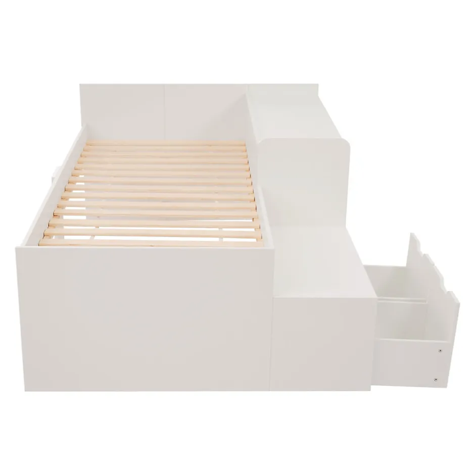 Enfant Okwish Lit enfant 90x200 cm - Lit simple avec bureau intégré et tiroirs de rangement - Bois massif, pin et MDF - Blanc - Sans matelas