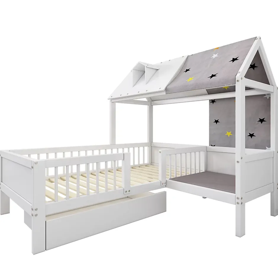 Okwish Lit Enfant 90x200 cm - Lit Simple en Bois avec Tiroir de Rangement - Blanc Hot