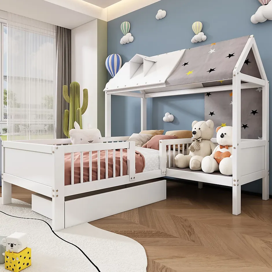Okwish Lit Enfant 90x200 cm - Lit Simple en Bois avec Tiroir de Rangement - Blanc Hot