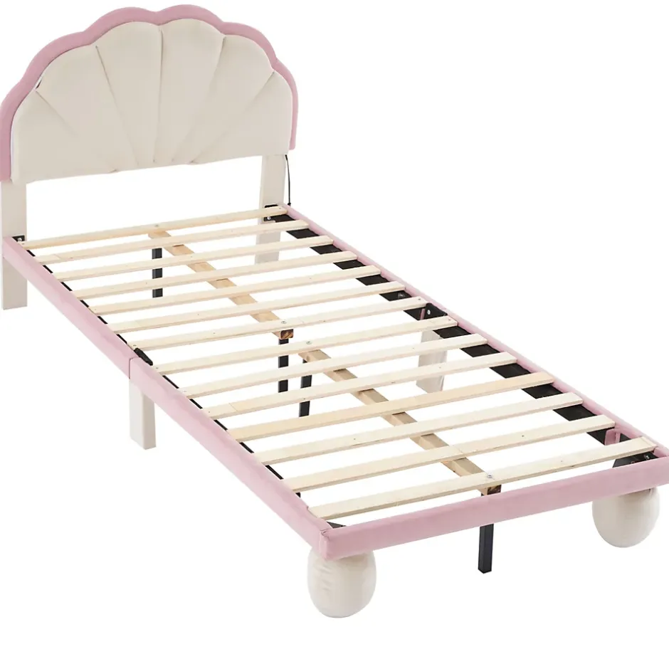 Okwish Lit enfant 90x200 cm - Lit Simple avec LED Multicolores, Pieds Ronds Capitonnés, Velours, Sans Matelas - Beige et Rose Sale