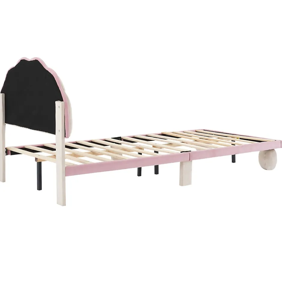 Okwish Lit enfant 90x200 cm - Lit Simple avec LED Multicolores, Pieds Ronds Capitonnés, Velours, Sans Matelas - Beige et Rose Sale