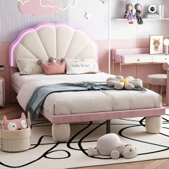 Okwish Lit enfant 90x200 cm - Lit Simple avec LED Multicolores, Pieds Ronds Capitonnés, Velours, Sans Matelas - Beige et Rose Sale