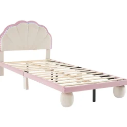 Okwish Lit enfant 90x200 cm - Lit Simple avec LED Multicolores, Pieds Ronds Capitonnés, Velours, Sans Matelas - Beige et Rose Sale