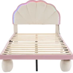 Okwish Lit enfant 90x200 cm - Lit Simple avec LED Multicolores, Pieds Ronds Capitonnés, Velours, Sans Matelas - Beige et Rose Sale