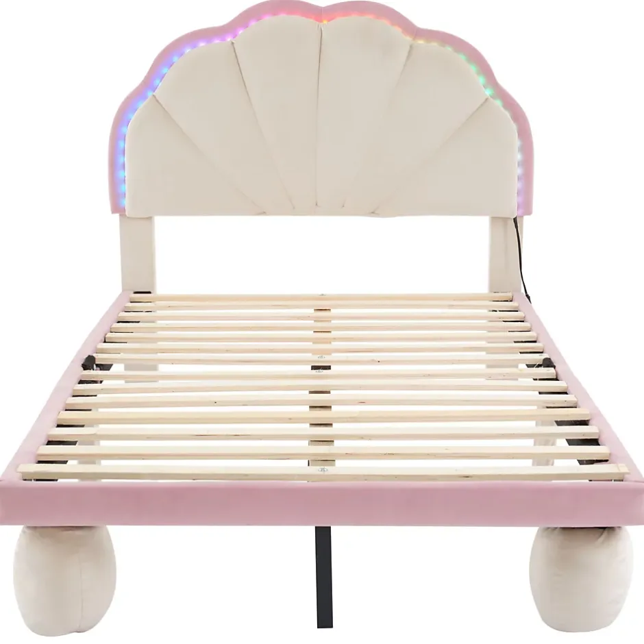 Okwish Lit enfant 90x200 cm - Lit Simple avec LED Multicolores, Pieds Ronds Capitonnés, Velours, Sans Matelas - Beige et Rose Sale