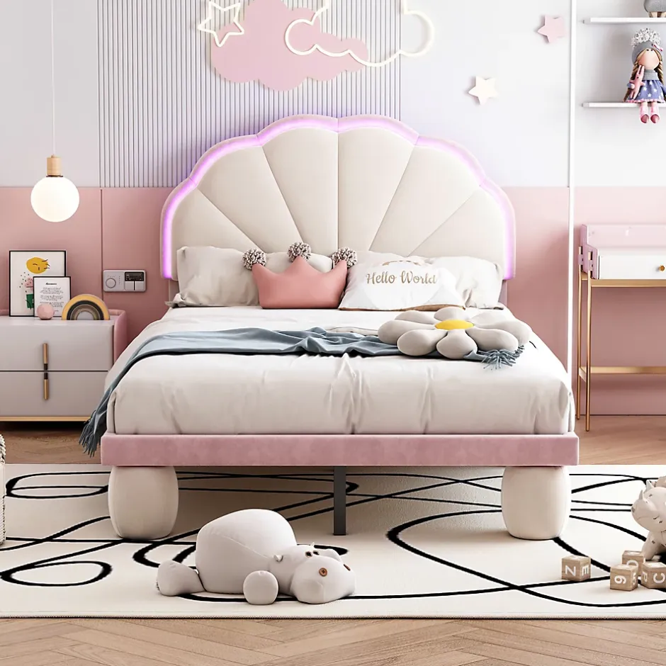 Okwish Lit enfant 90x200 cm - Lit Simple avec LED Multicolores, Pieds Ronds Capitonnés, Velours, Sans Matelas - Beige et Rose Sale