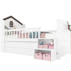 Okwish Lit enfant 90x200 cm - Lit simple Mi-Hauteur avec Cabane, Fenêtre, Tiroirs de Rangement et Éclairage LED - Bois MDF - Blanc