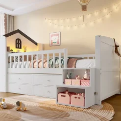 Okwish Lit enfant 90x200 cm - Lit simple Mi-Hauteur avec Cabane, Fenêtre, Tiroirs de Rangement et Éclairage LED - Bois MDF - Blanc