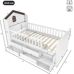 Okwish Lit enfant 90x200 cm - Lit simple Mi-Hauteur avec Cabane, Fenêtre, Tiroirs de Rangement et Éclairage LED - Bois MDF - Blanc