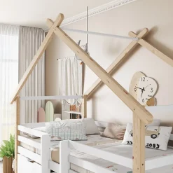 Okwish Lit enfant 90x200 cm - Lit Simple Cabane avec Escalier et 2 Rangements, Sans Matelas - Pin Blanc et Naturel Sale