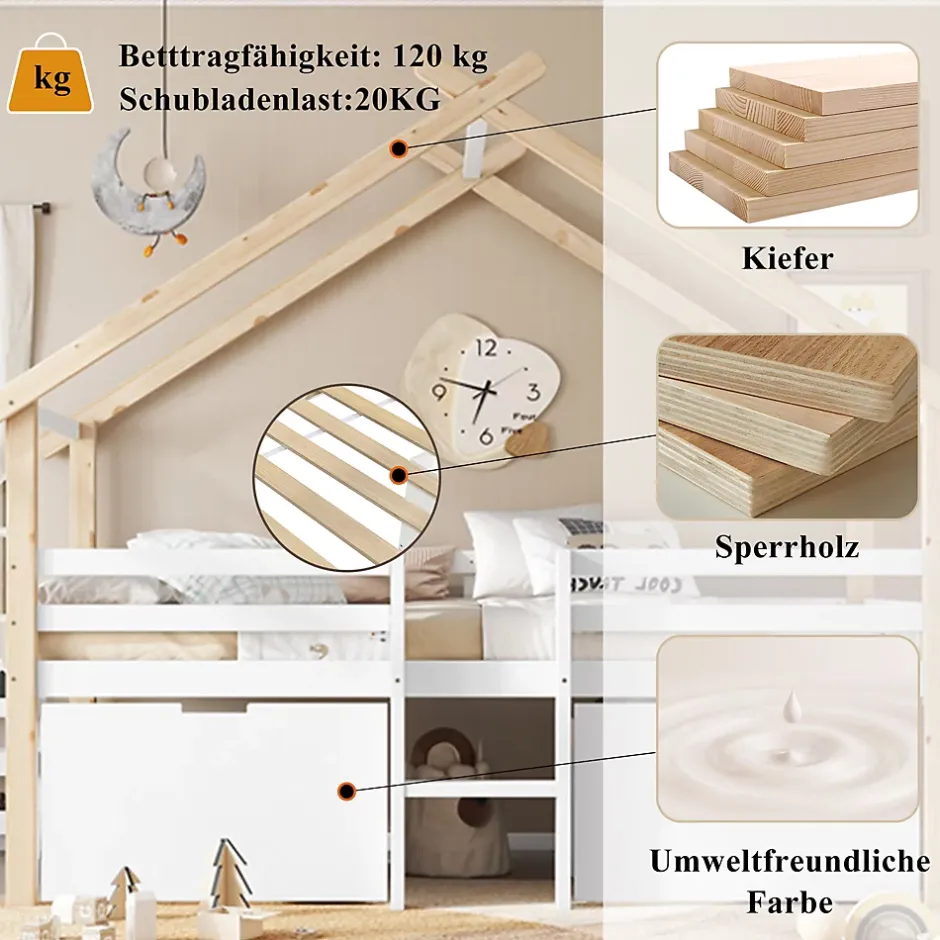 Okwish Lit enfant 90x200 cm - Lit Simple Cabane avec Escalier et 2 Rangements, Sans Matelas - Pin Blanc et Naturel Sale