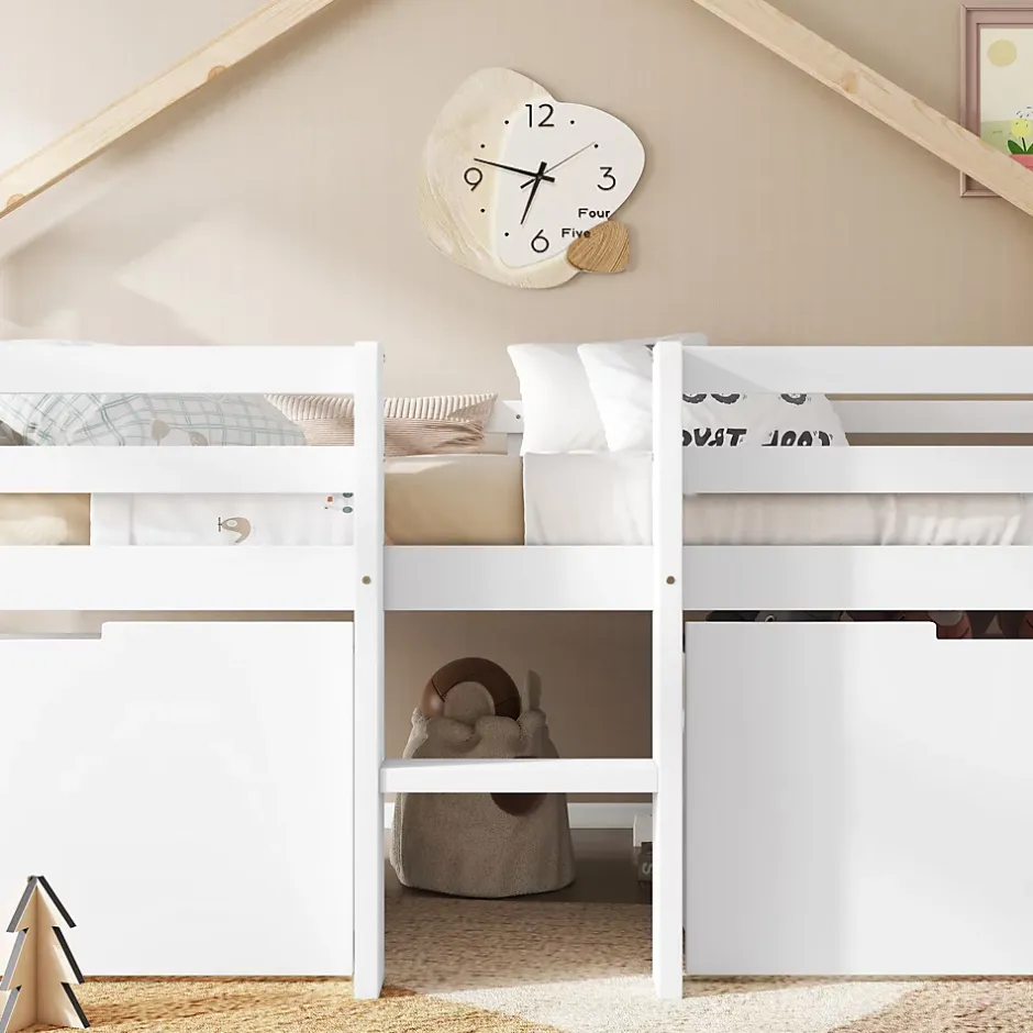 Okwish Lit enfant 90x200 cm - Lit Simple Cabane avec Escalier et 2 Rangements, Sans Matelas - Pin Blanc et Naturel Sale