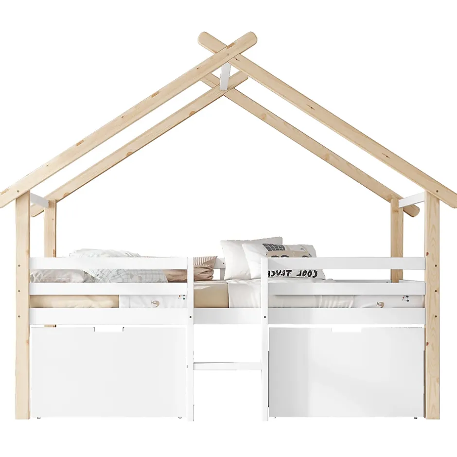 Okwish Lit enfant 90x200 cm - Lit Simple Cabane avec Escalier et 2 Rangements, Sans Matelas - Pin Blanc et Naturel Sale