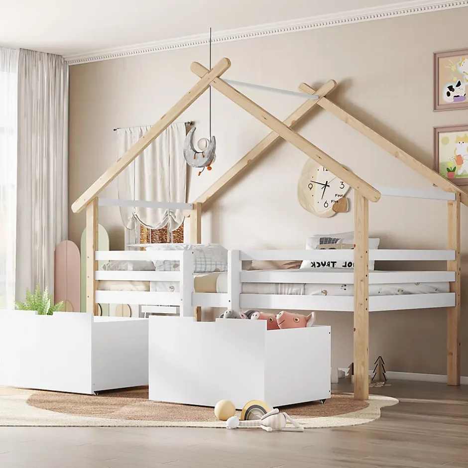 Okwish Lit enfant 90x200 cm - Lit Simple Cabane avec Escalier et 2 Rangements, Sans Matelas - Pin Blanc et Naturel Sale
