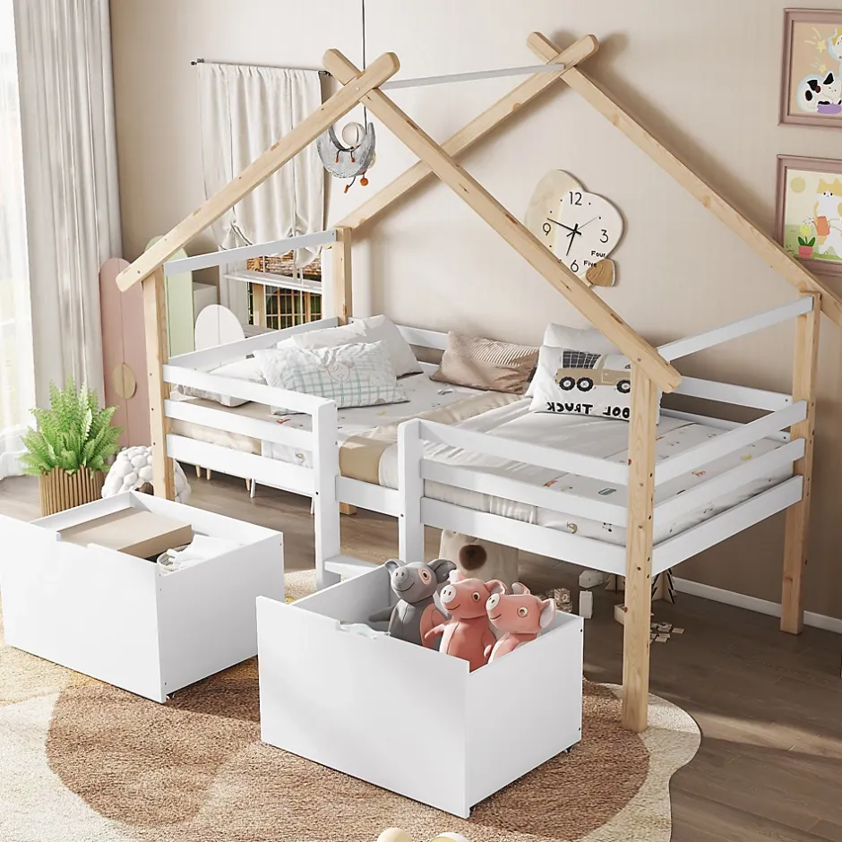 Okwish Lit enfant 90x200 cm - Lit Simple Cabane avec Escalier et 2 Rangements, Sans Matelas - Pin Blanc et Naturel Sale