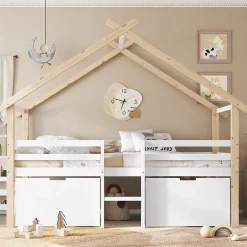 Okwish Lit enfant 90x200 cm - Lit Simple Cabane avec Escalier et 2 Rangements, Sans Matelas - Pin Blanc et Naturel Sale