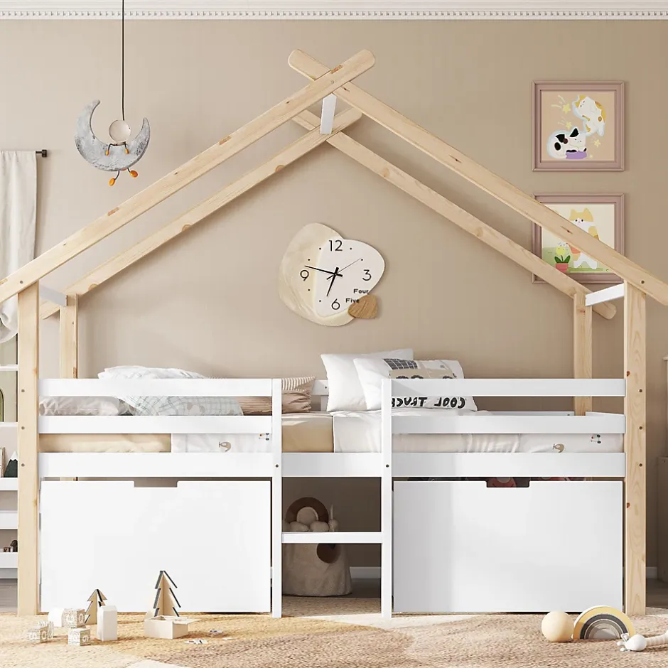Okwish Lit enfant 90x200 cm - Lit Simple Cabane avec Escalier et 2 Rangements, Sans Matelas - Pin Blanc et Naturel Sale