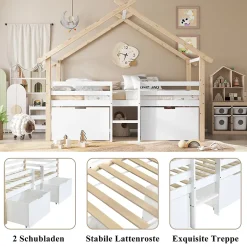 Okwish Lit enfant 90x200 cm - Lit Simple Cabane avec Escalier et 2 Rangements, Sans Matelas - Pin Blanc et Naturel Sale