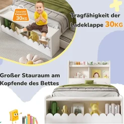 Generique Lit enfant 90x190 cm - Lit Simple avec 2 Tiroirs, Étagère et Banc, Bois Massif et MDF, Sans Matelas - Blanc et Chêne Votan