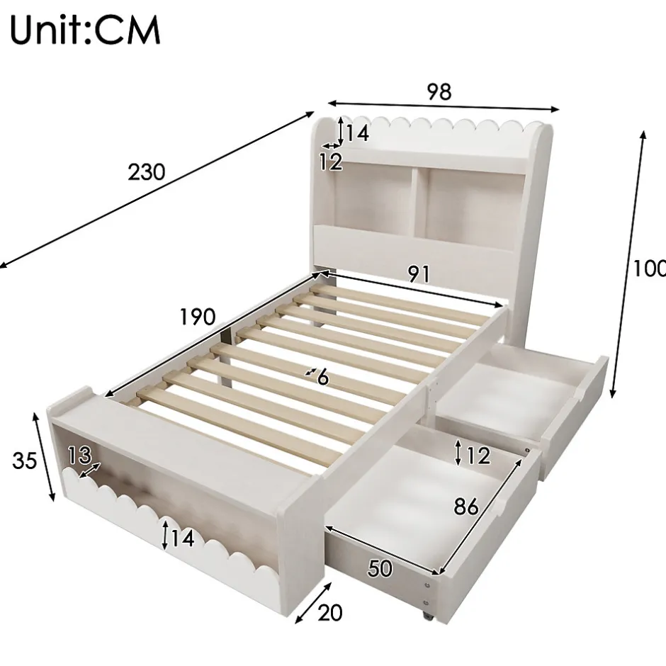 Generique Lit enfant 90x190 cm - Lit Simple avec 2 Tiroirs, Étagère et Banc, Bois Massif et MDF, Sans Matelas - Blanc et Chêne Votan