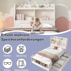 Generique Lit enfant 90x190 cm - Lit Simple avec 2 Tiroirs, Étagère et Banc, Bois Massif et MDF, Sans Matelas - Blanc et Chêne Votan