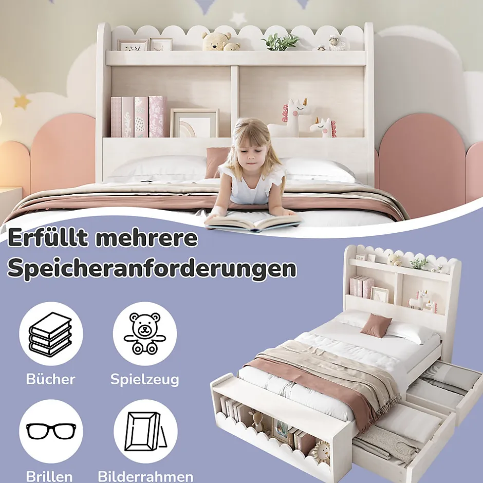 Generique Lit enfant 90x190 cm - Lit Simple avec 2 Tiroirs, Étagère et Banc, Bois Massif et MDF, Sans Matelas - Blanc et Chêne Votan